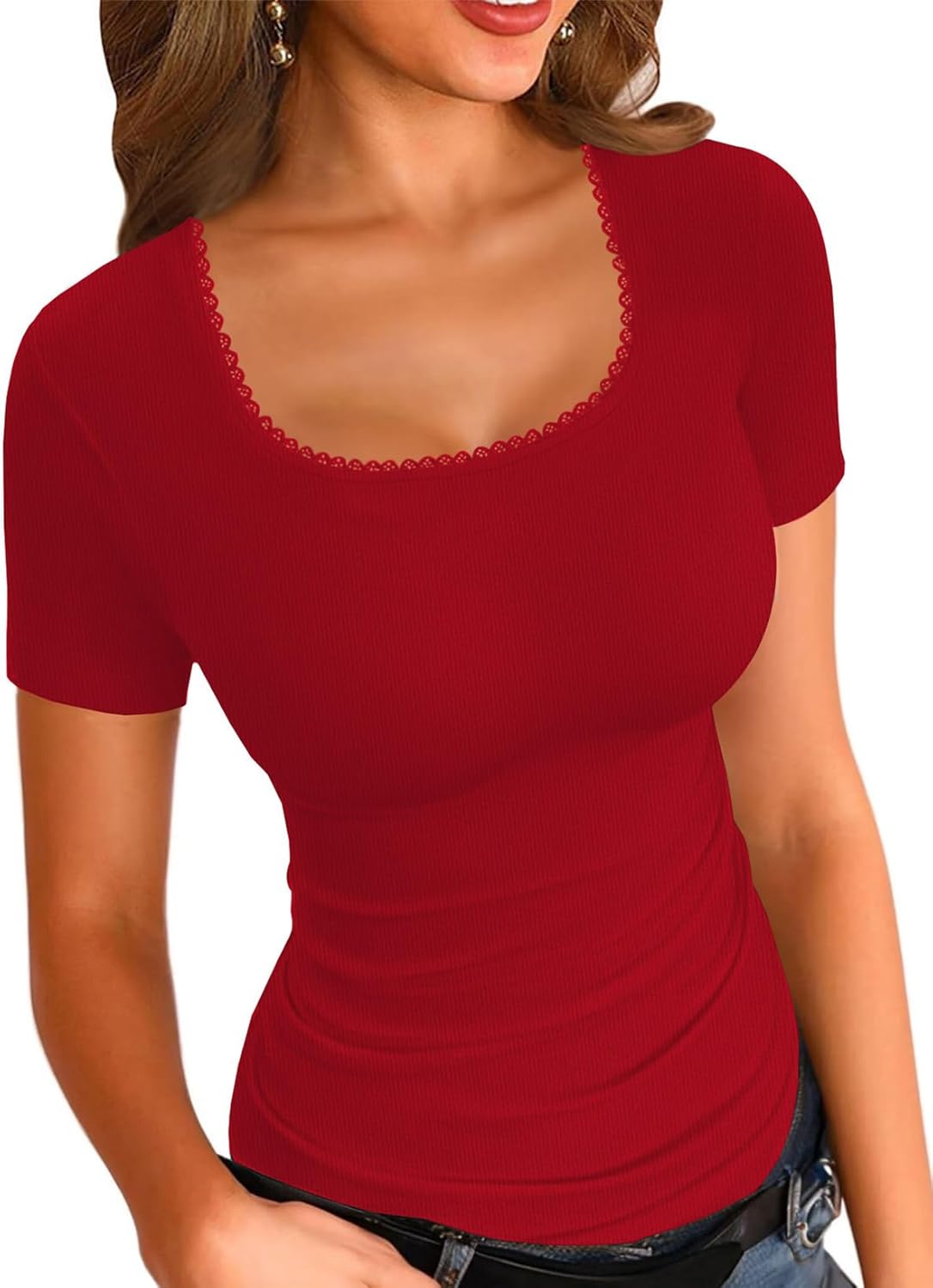 LOLONG Womens Short Sleeve Ribbed T Shirts Summer Casual Square Neck Lace Patchwork Tops