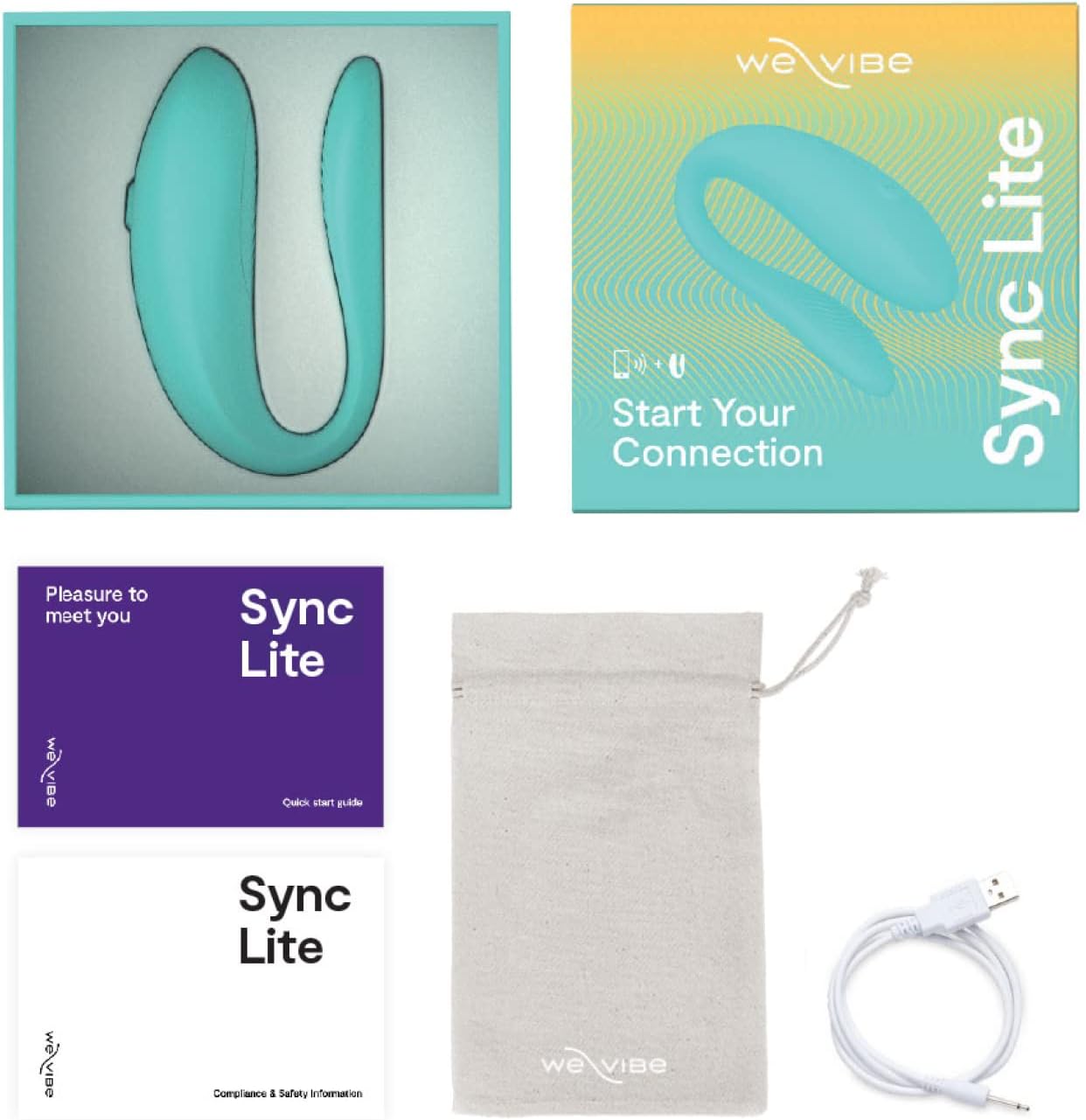 Contents of the WE-VIBE Sync Lite package, including the device, charging cable, storage pouch, and manuals.