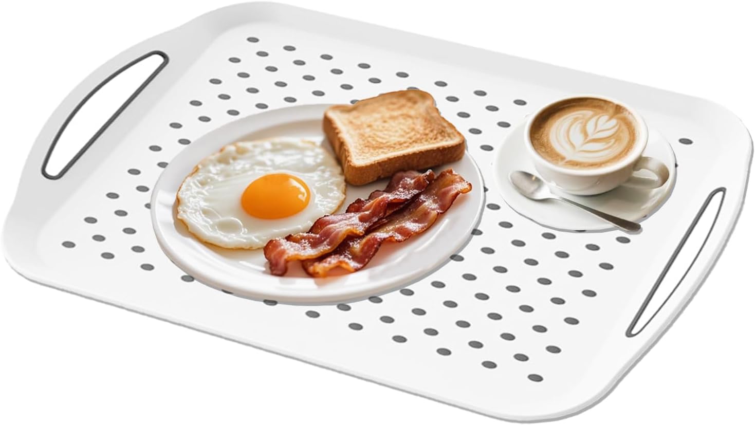 2PCS Large Non Slip Serving Tray with Handles Food Trays for Eating on Couch TV Lap Tray with Silicone Grippy Dots for Breakfast Dinner, Set of 2, White