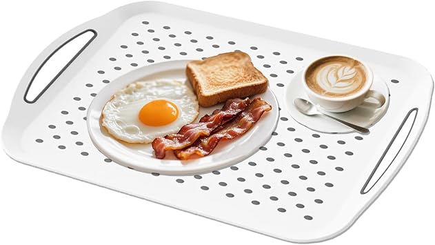 Large Non Slip Serving Tray with Handles Food Trays for eating on Couch serving tray with Surface Grippy Dots Rectangle Non-Toxic Dishwasher Safe tray for Breakfast Dinner Snack White,1-PCS