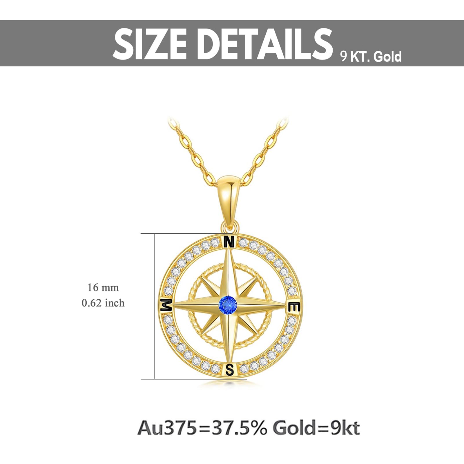9k Echtgold Kompass Halskette für Damen,9ct/375 Gold Anhänger Halskette mit Zirkonia Frauen Schmuck Kompass Kette Geschenke Geburtstag Weihnachten 40+5 cm(Stil 2)