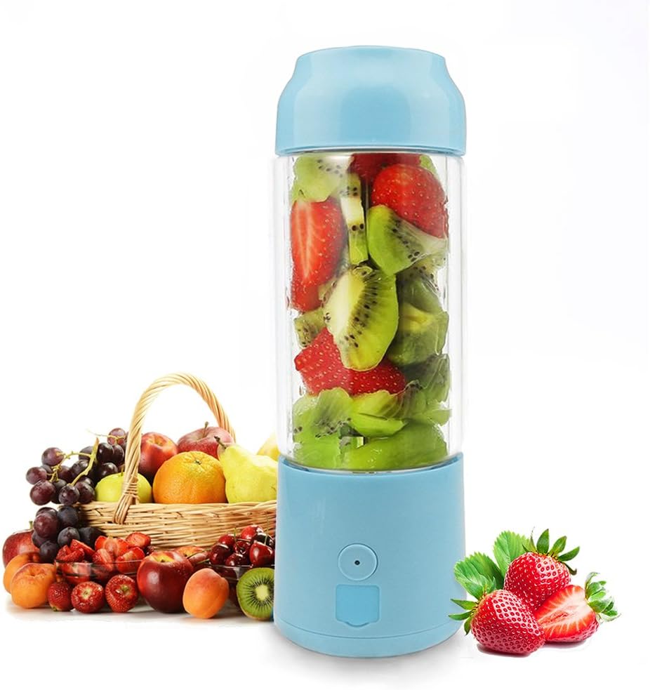 Personal Portable Blender,480ml Glass Juicer Cup/USB Rechargeable Small Blender,Fruit/Shakes/Smoothies/Baby Food Mixer with Travel Lid/Sport Bottle,Used as Power Bank for Cellphone -Blue