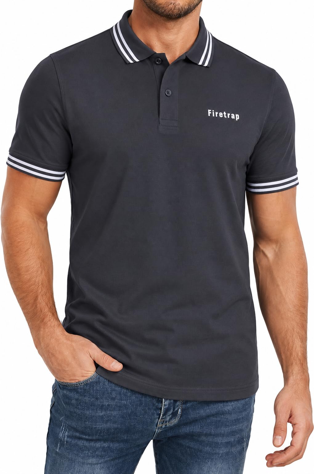 Firetrap Mens Polo Shirt Cotton Polos Tshirt Short Sleeve Summer Ribbed Tipping Collar Tshirts Top Charcoal L