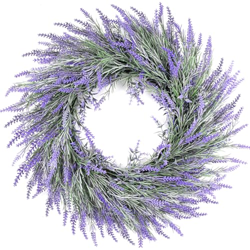 HUZIYAHAN Spring Summer Lavender Door Wreath 21Inch Front Door Wreath All Seasons Wreaths Purple Artificial Lavender Wreaths for Outdoor Outside Indoor Window Home Rustic Farmhouse Decorations