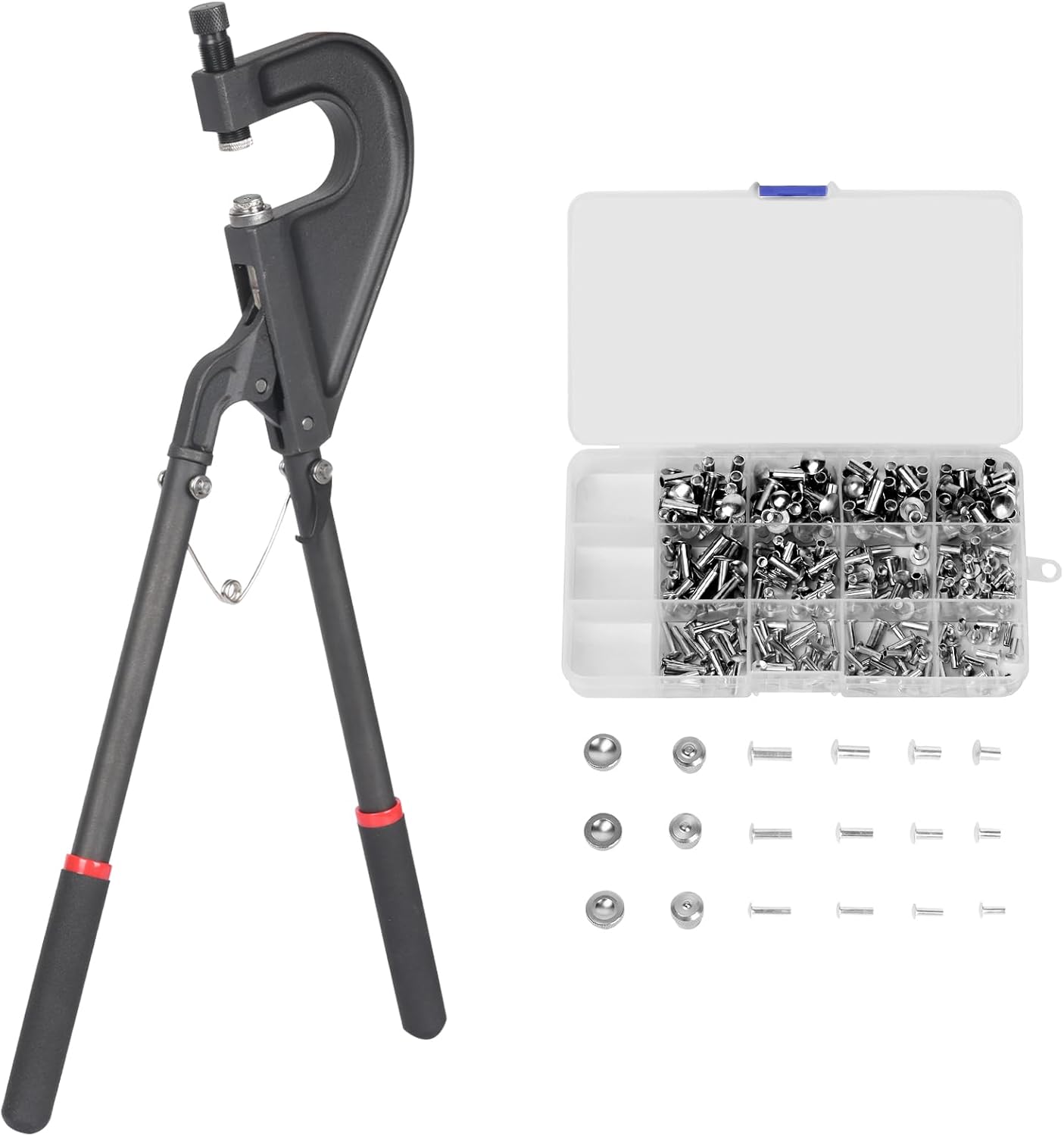 Photo 1 of  Heavy Duty Hand Rivet Squeezer Kit, Adjustable Height Semi Tubular Rivet Tool with 6 Flush Squeezer Dies for Aluminum Tubular Rivets with 240 Set Tubular Rivets Contain Length 1/2", 3/8", 5/16", 9/16"