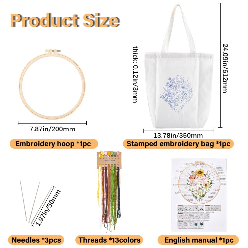 GORGECRAFT Pattern Canvas Tote Bag Embroidery kit Instructions Bags Bamboo Hoops Tools Arts Supplies Needlepoint Needle Thread Handy Sewing Set Starter Kits for DIY Crafting Beginners Women Adults