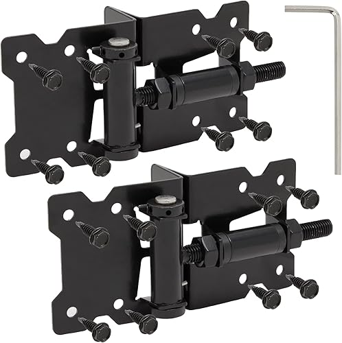 Paquete de 2 bisagras de puerta de cierre automático, resistentes, 90 grados ajustables para madera al aire libre, vinilo, vallas de PVC (negro)