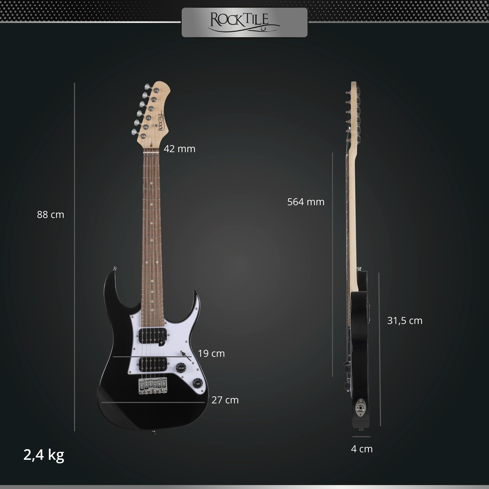 Rocktile Youngster YS-1BK 3/4 Chitarra Elettrica Nera, Generale, Peso: 2 | Modello: YS-1BK, Adatta indicativamente dai 6 ai 12 anni, 7 kg, Numero di corde: 6, Orientamento: Destrimano, Corpo, Manico