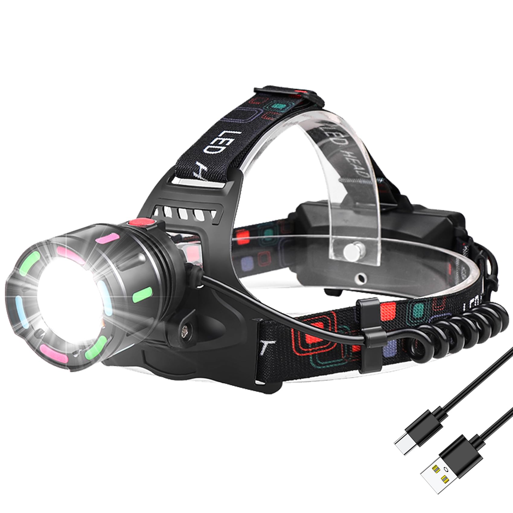 Siuyiu Head Torch, 1200 High Lumen Head Torch Rechargeable, 4 Modes LED Headtorch Adjustable Focus HeadLamp Lightweight Waterproof for Running Camping Hiking Cycling