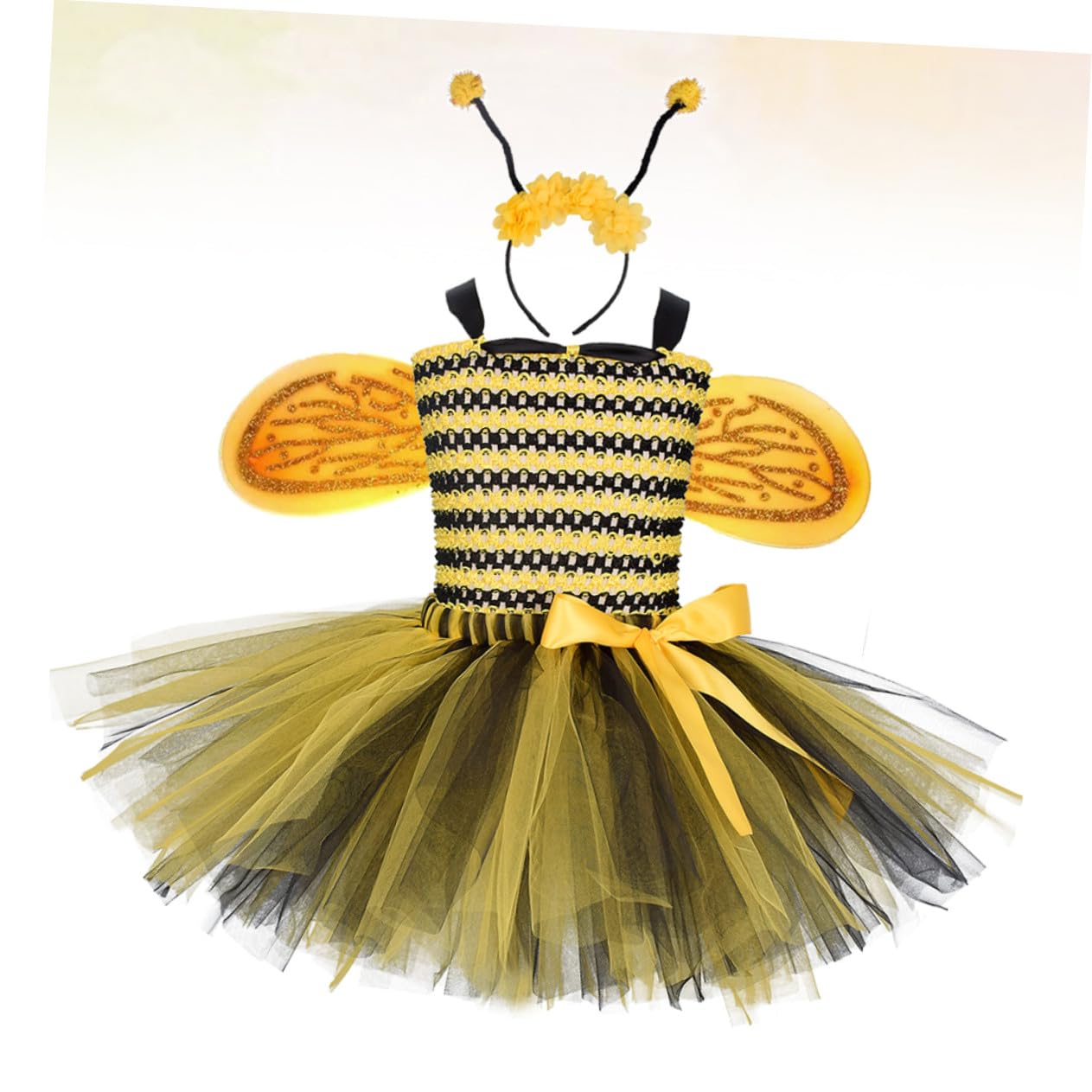 KOMBIUDA Bienenkostüm Mädchen Kleid mit Federflügeln und Haarschmuck Luftiger Tüll Rock Jahre Bezauberndes Party und Bühnenoutfit für Verkleidung und Tanz