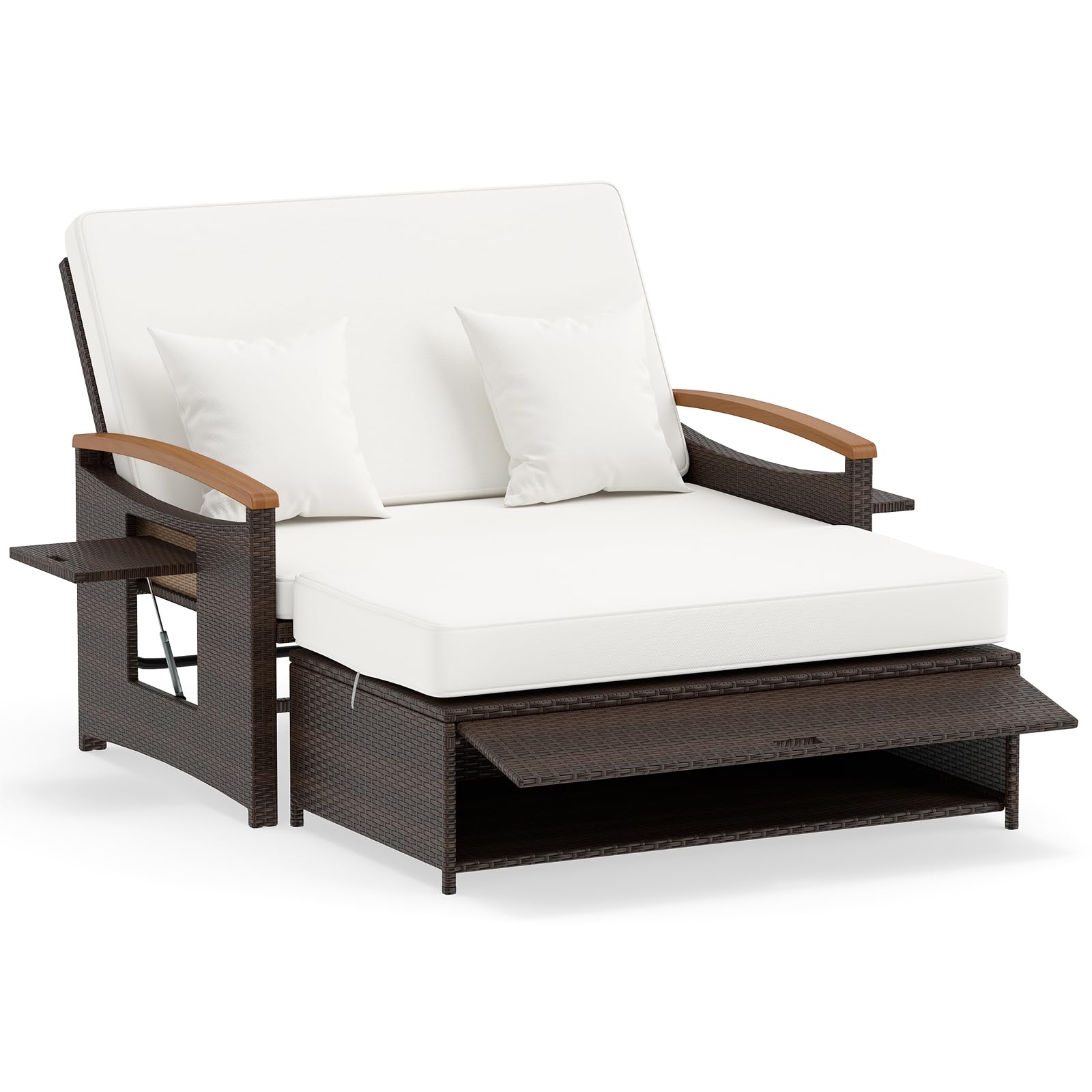 LIFEZEAL Lettino da giardino in polyrattan con pouf e cuscino, divano da giardino a 2 posti con schienale regolabile in 4 livelli, doppio lettino con tavolo laterale (Cuscino Bianco, Rattan Marrone)