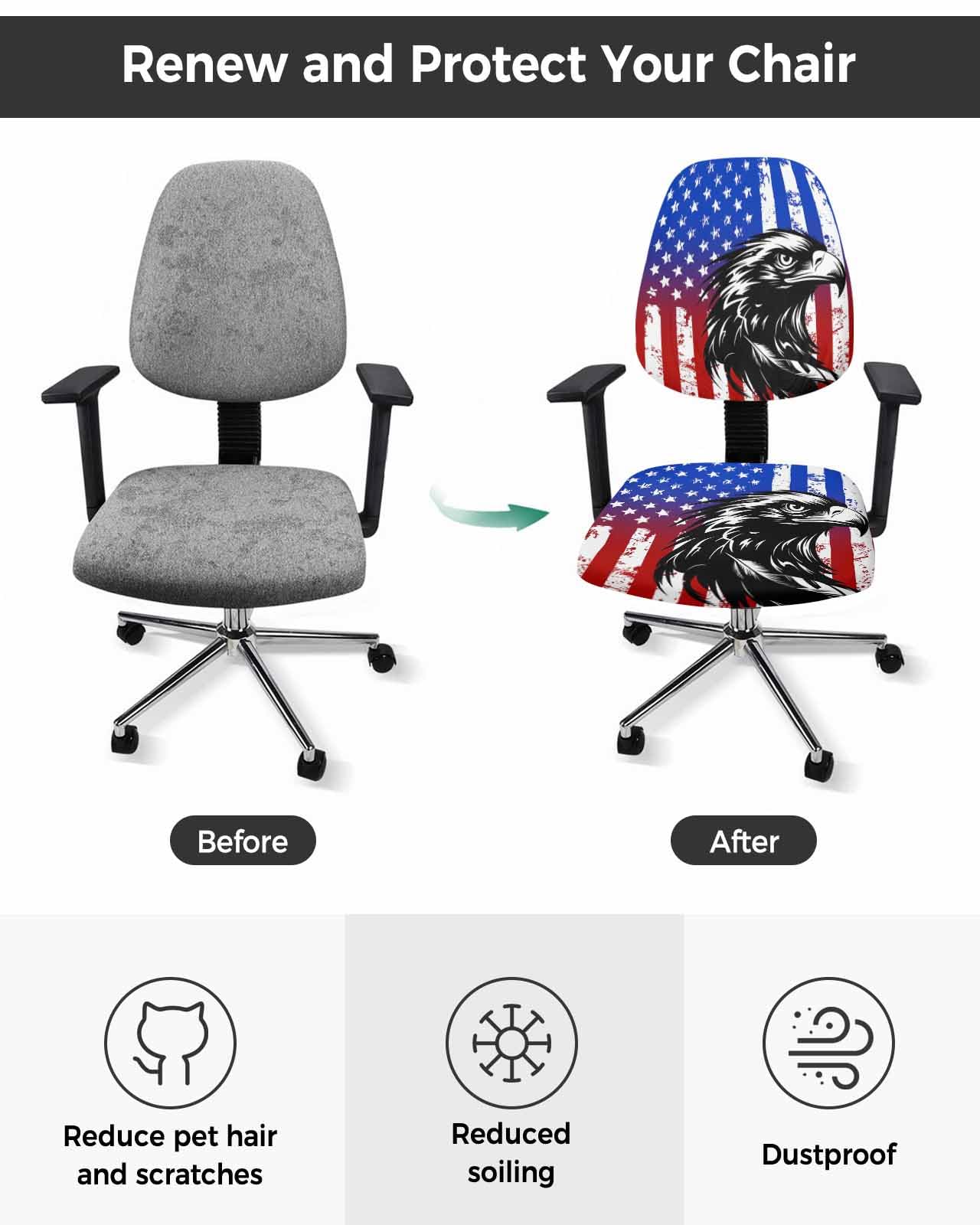 American Flag 2 Pieces Computer Office Chair Covers Set,Stretchable Desk Rotating Chair Seat Cushion Slipcover Back Covers,Independent Day Bird Patriotic Vintage Slipcover Back Cover,Protectors Cover