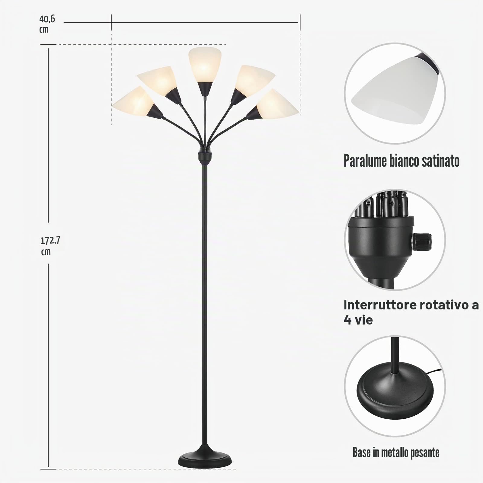 HonoDing Medusa Lampada da terra Lampade da terra 5 teste luce di lettura regolabile Grande paralume Usa E27 Lampade da terra per soggiorno camera da letto (Nero)