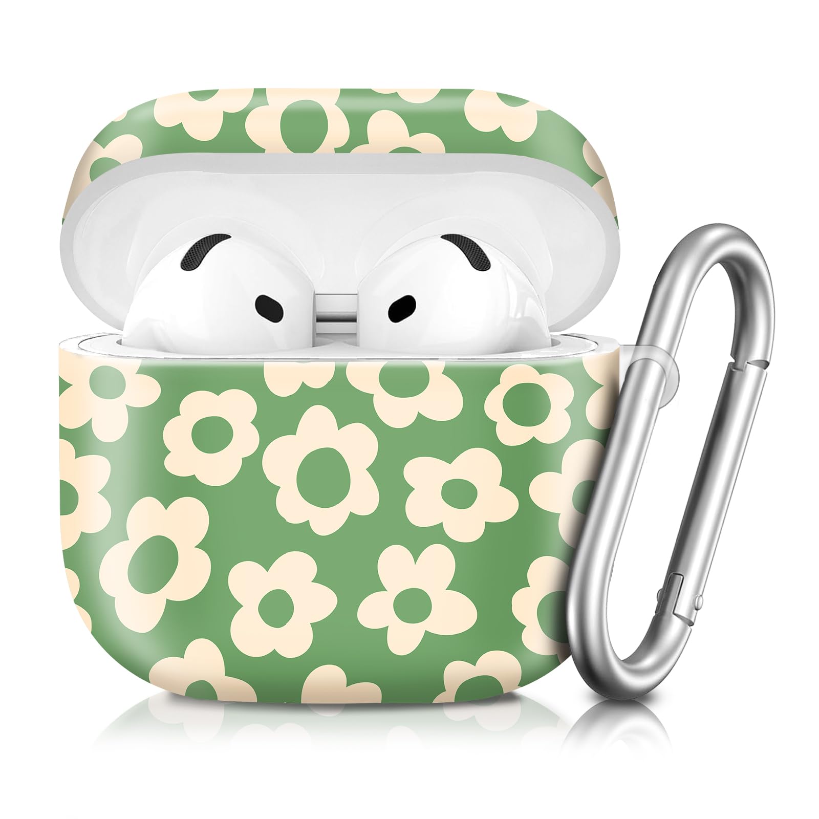 Compatible with AirPod 4th Generation 2024 Case, Shockproof Anti-Drop Protective Cover, Cute Case for Women Men with Keychain(Green Flower)