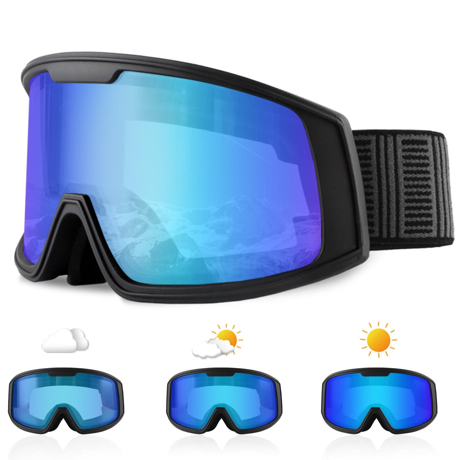 Ukoly Ski/Snowboard Goggles for Men Women, Snow Goggles HD Lens Anti-Fog Coating OTG Design UV400 Protection Windproof (Black Frame HD Photochromic Blue)