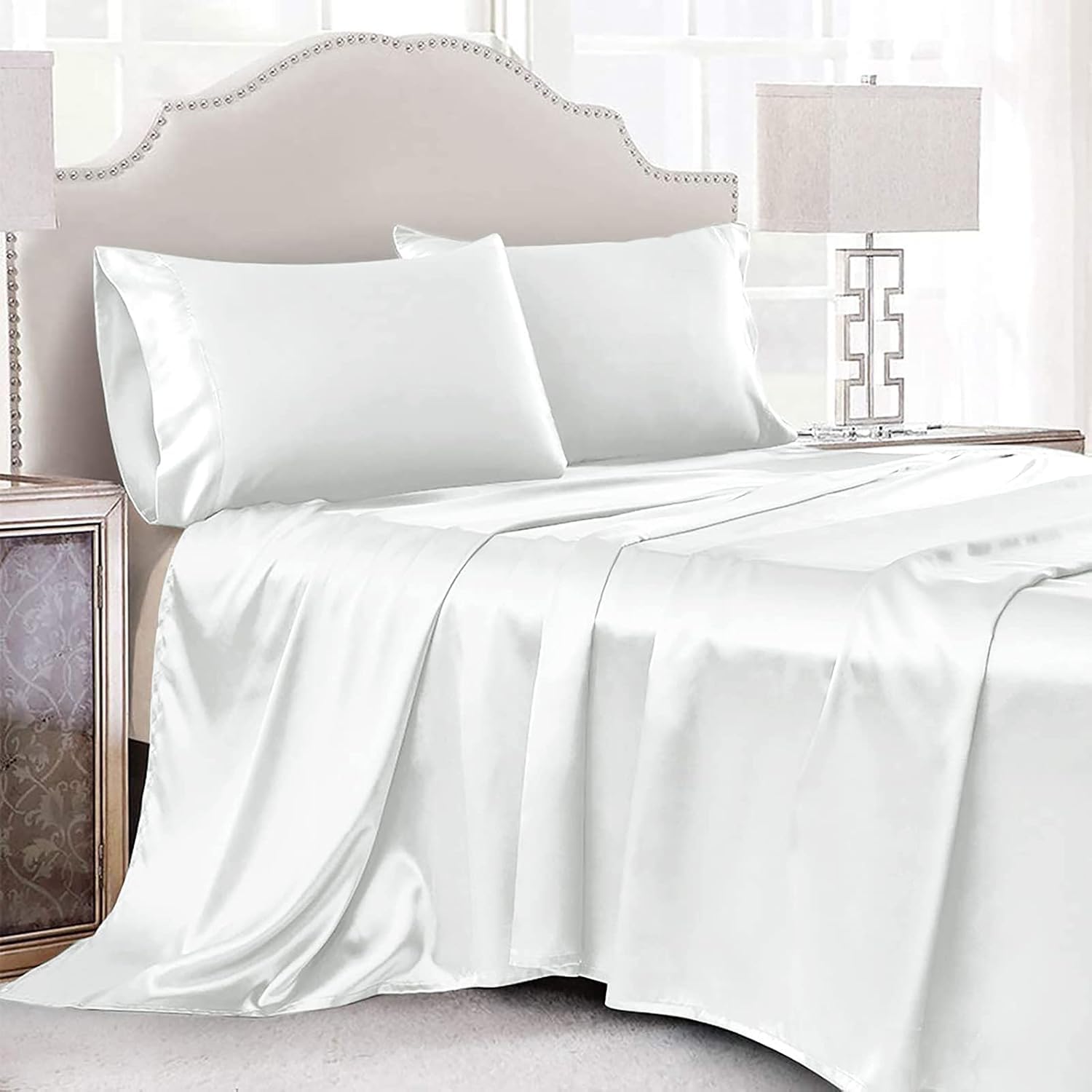 Cobedzy 3 Pcs White Satin Sheets Twin XL Size Silky Satin Bedding Sheets Set with 1 Deep Pocket Fitted Sheet, 1 Flat Sheet, 1 Pillowcase