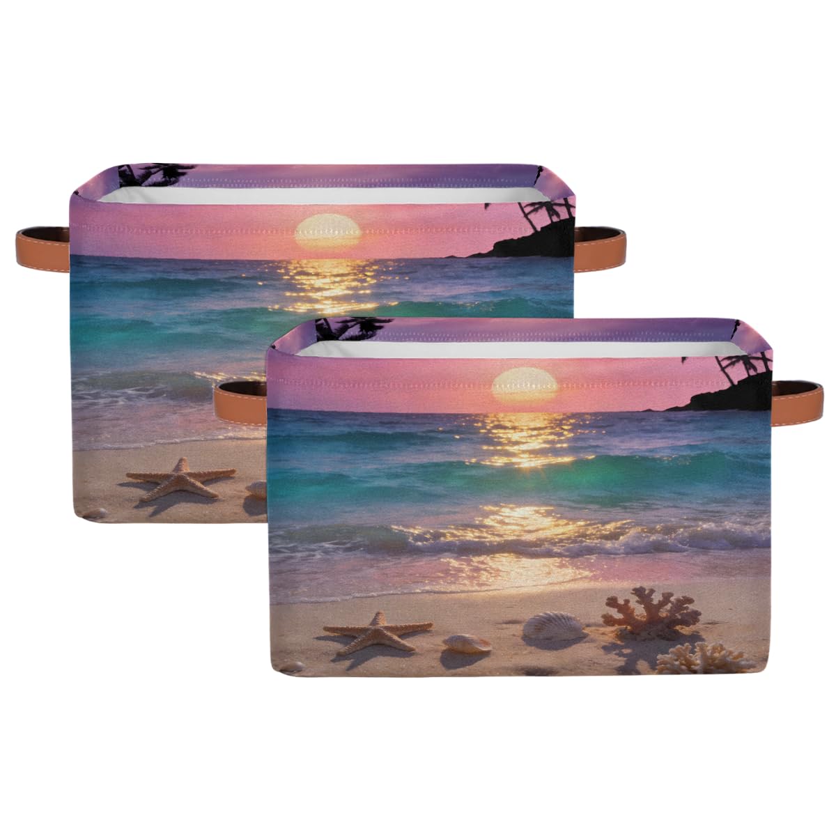 Sunset Summer Beach Rechteckiger Aufbewahrungskorb mit Ledergriffen, 2 Stück, faltbarer Stoff-Aufbewahrungskorb für Schrank, Badezimmer, Wohnzimmer, Büro, Spielzeug, Organizer, Wäschekorb
