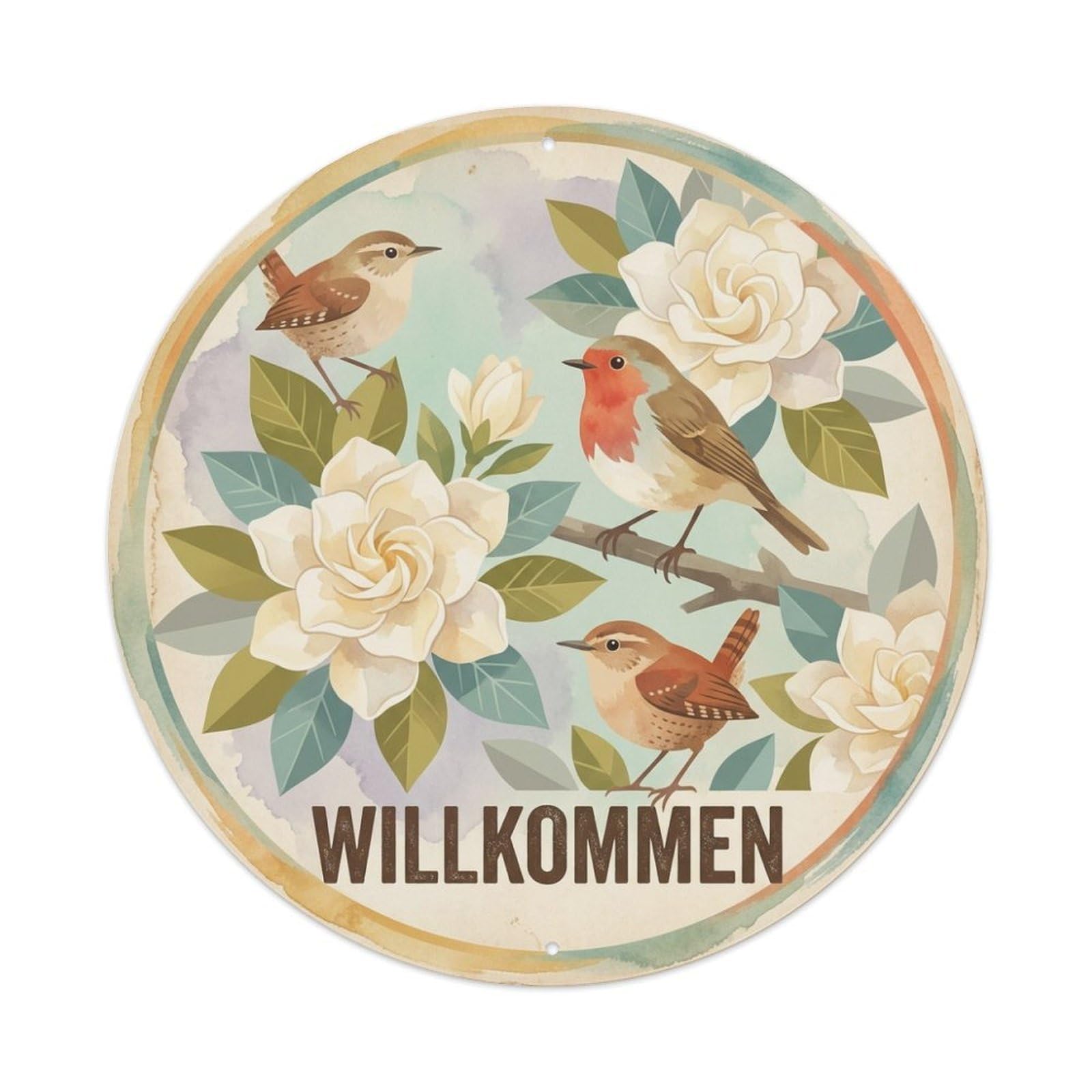 Watercolor Bird Slogan Willkommen Gardenia Metal Tin Sign