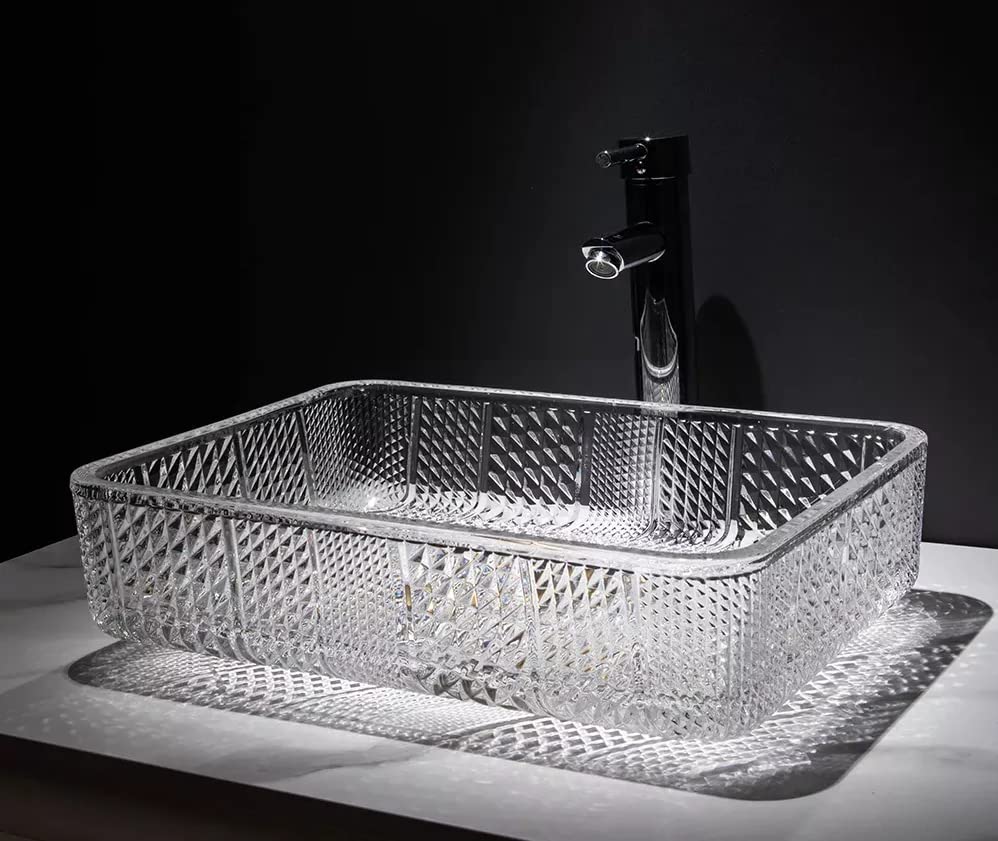 Image of B Backline Luxury Glass Basin /Table Top Crystal Glass Wash Basin Over Counter /Counter Top Wash Basin For Bathroom & Living Room 17.5 X 13 X 4 Inches (Glass Basin) (5 Years Glaze Warrenty)
