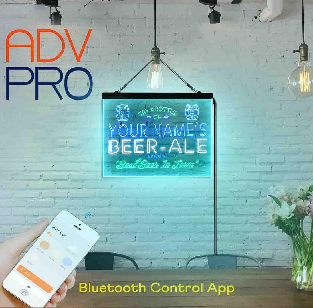 Personalized Bar Beer Ale Pub Tri-Color LED Neon Light Sign Customize Name Date Text Quote Font White & Green & Blue 23.6 x 17.1 Inches st9s64-pn1-tm-wgb