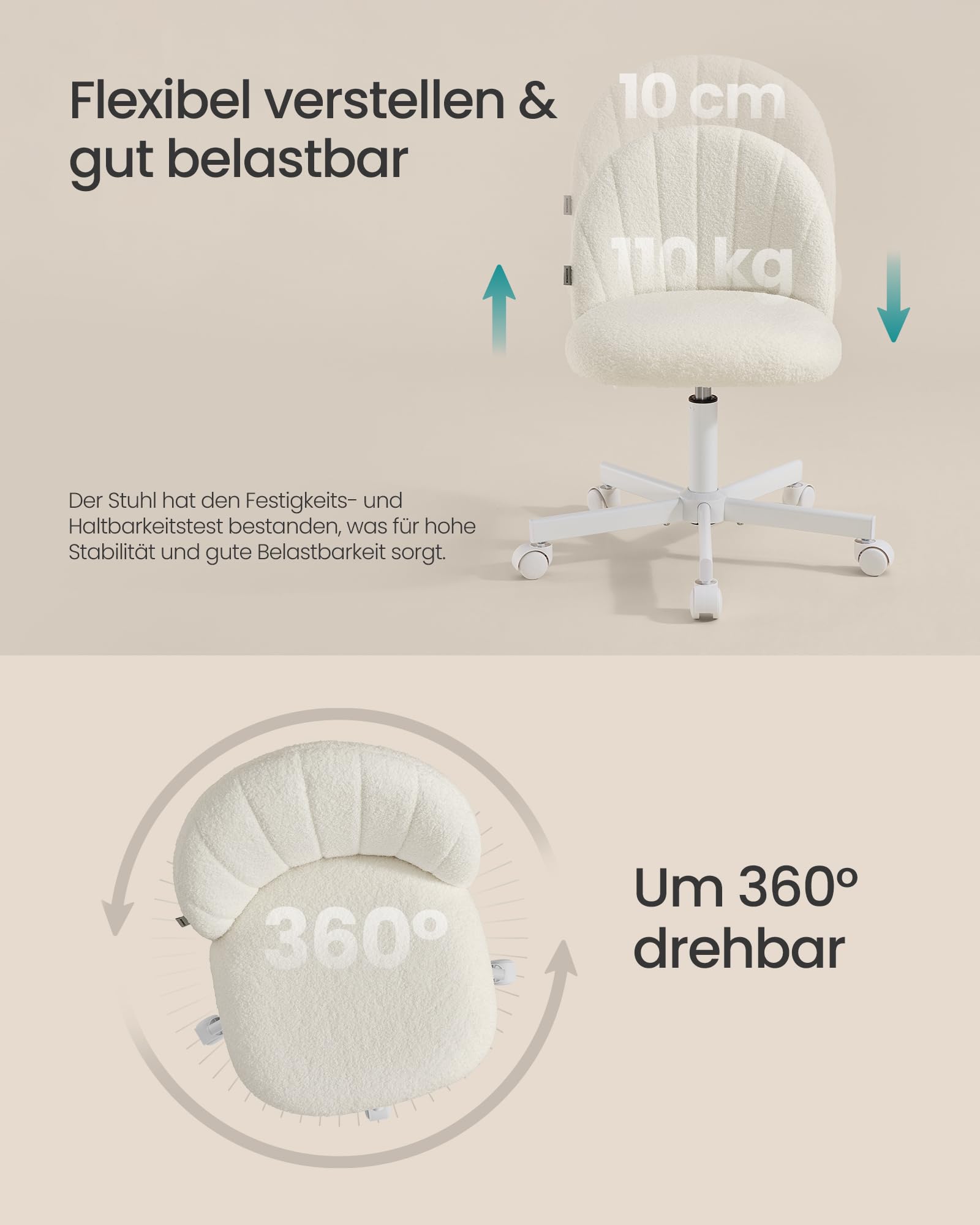 SONGMICS Homeoffice-Stuhl, Schminkstuhl aus Fleece, Schreibtischstuhl, Schaumstoffpolsterung, höhenverstellbar, für Arbeitszimmer, Schlafzimmer, Ankleidezimmer, cremeweiß OBG027WD01