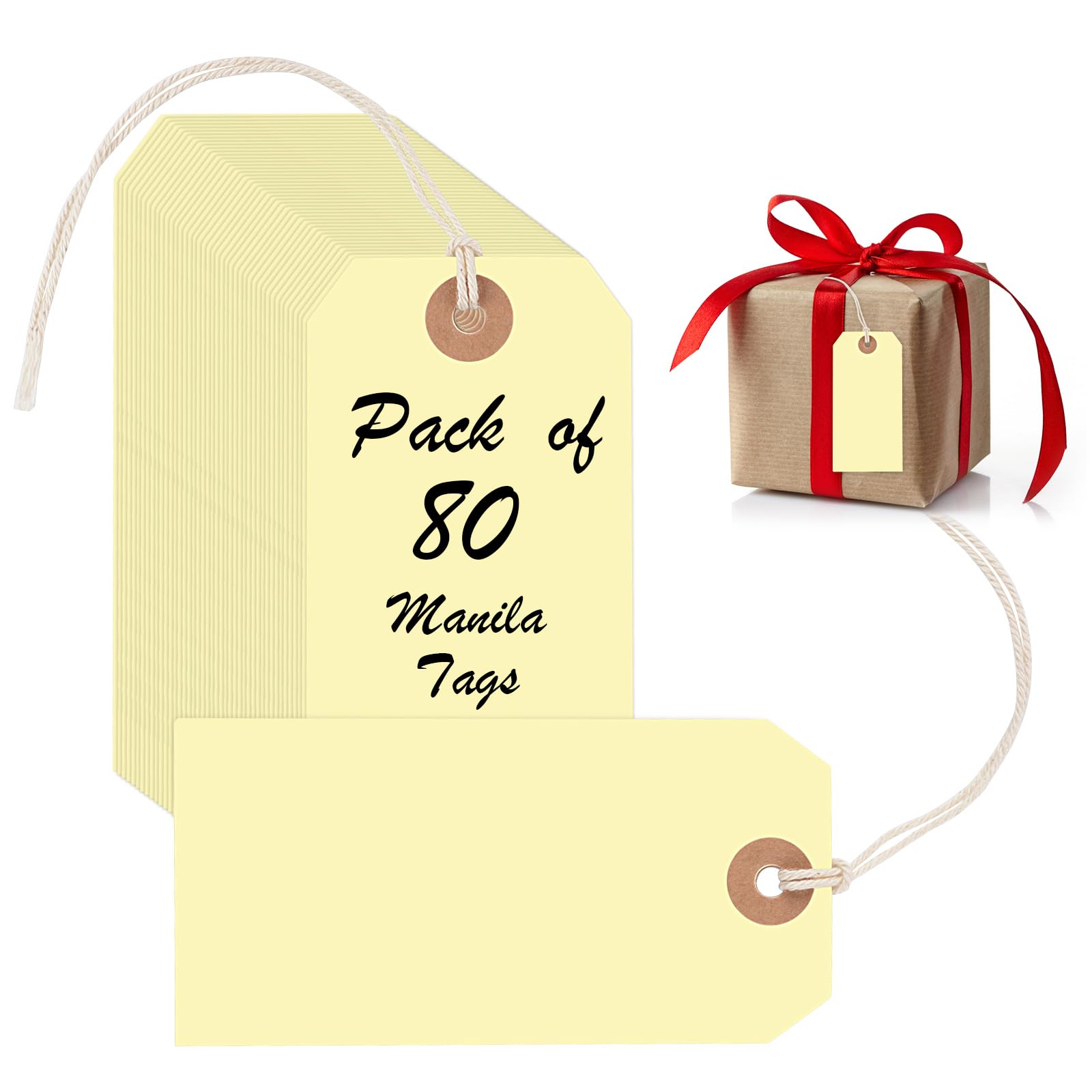 80 Pcs Shipping Tags With String Attached, 4.72'' x 2.36'' Manila Price Tags With Reinforced Hole, Writable Blank Hang Tags for Inventory, Display, Jewelry, Clothing, Gift (Ivory)