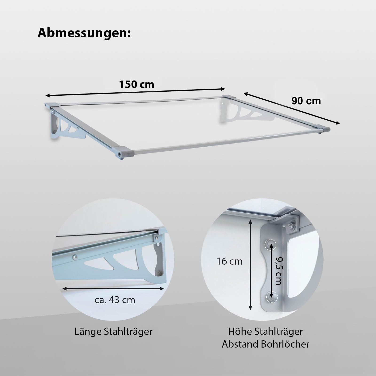 TRUTZHOLM Aluminium Vordach Haustürvordach Pultvordach 150 x 90 cm Schneelast 95kg | Polycarbonatplatte | nach Auswahl (150x90 cm, grau)