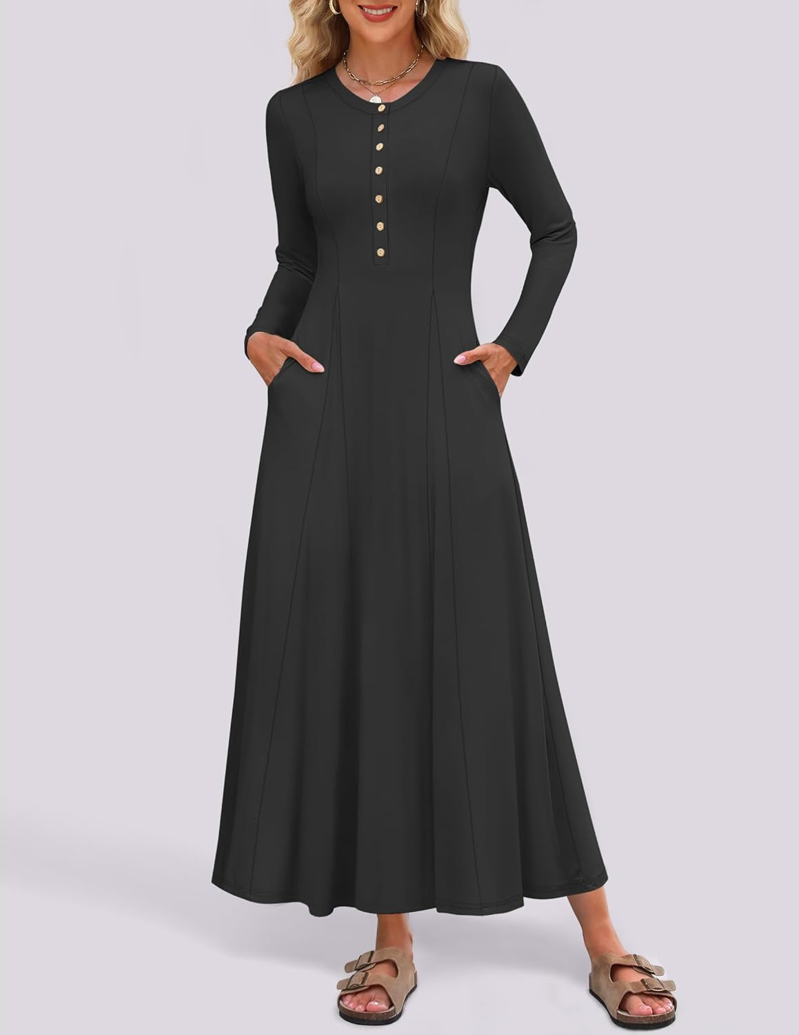 ZESICA Women's Elegant Maxi Dresses 2026 Fall Long Sleeve Button Casual A Line Boho Flowy Dress with Pockets - Image 3