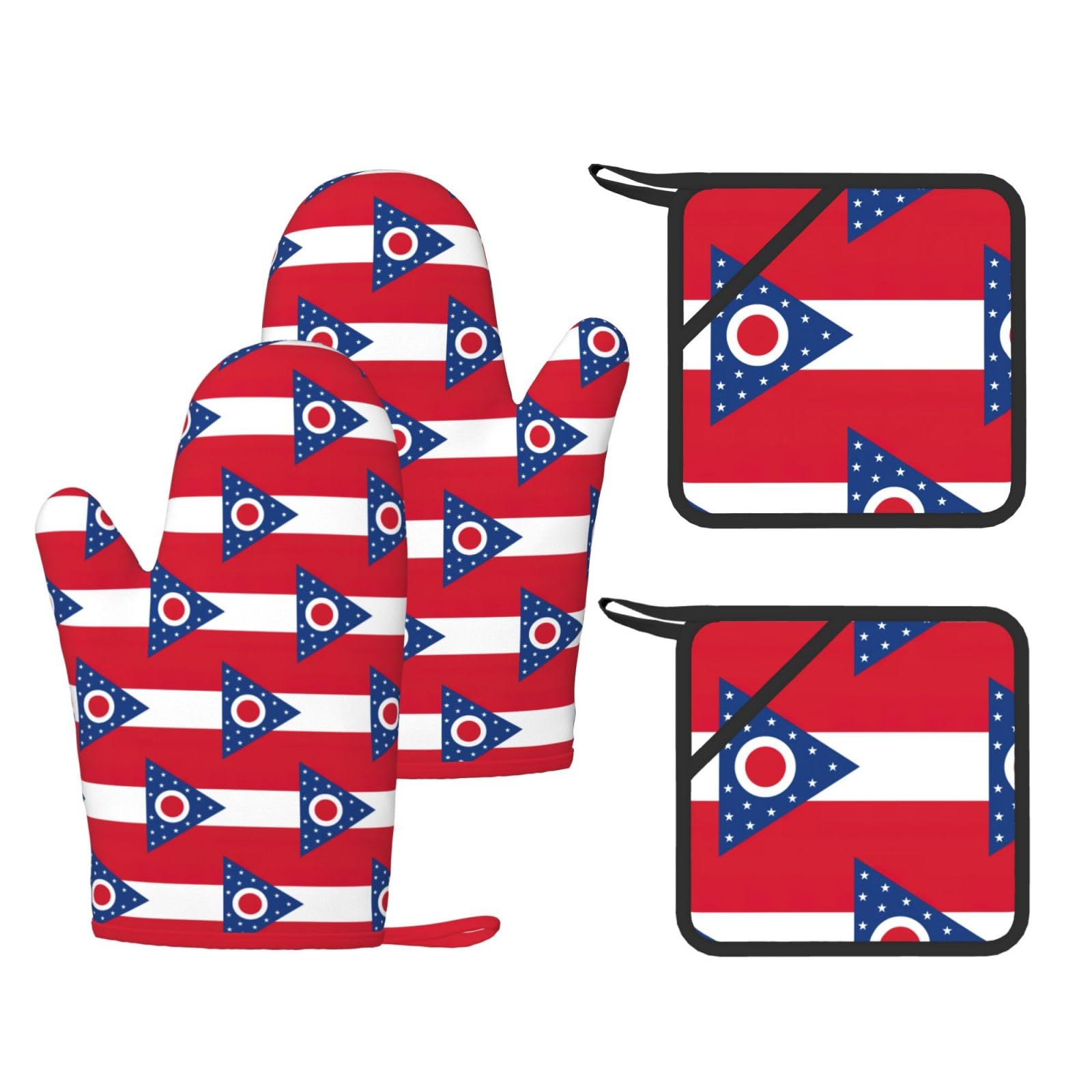 Ohio State Flag Printed Oven Mitts with Pocket and Hot Pads, Silicone Non-Slip Kitchen Gloves for Baking BBQ