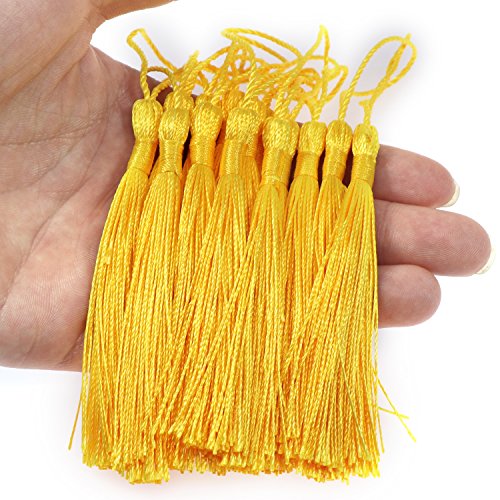 Image of VAPKER 100 Pieces Yellow Tassels 13cm /5-Inch Silky Handmade Soft Tassels Floss Bookmark Tassels with 2-Inch Cord Loop for Jewelry Making, DIY Projects, Bookmarks