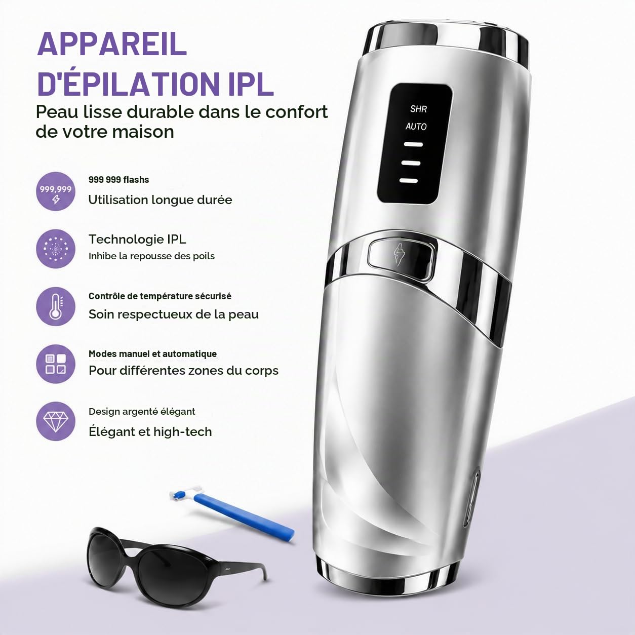 Epilateur Electrique Femme, IPL avec Controle de Temperature, Epilateur Lumiere Pulsee, Pour Visage, Aisselles Et Corps, kit Epilation Cire,Double Mode Manuel Et Automatique, Argent