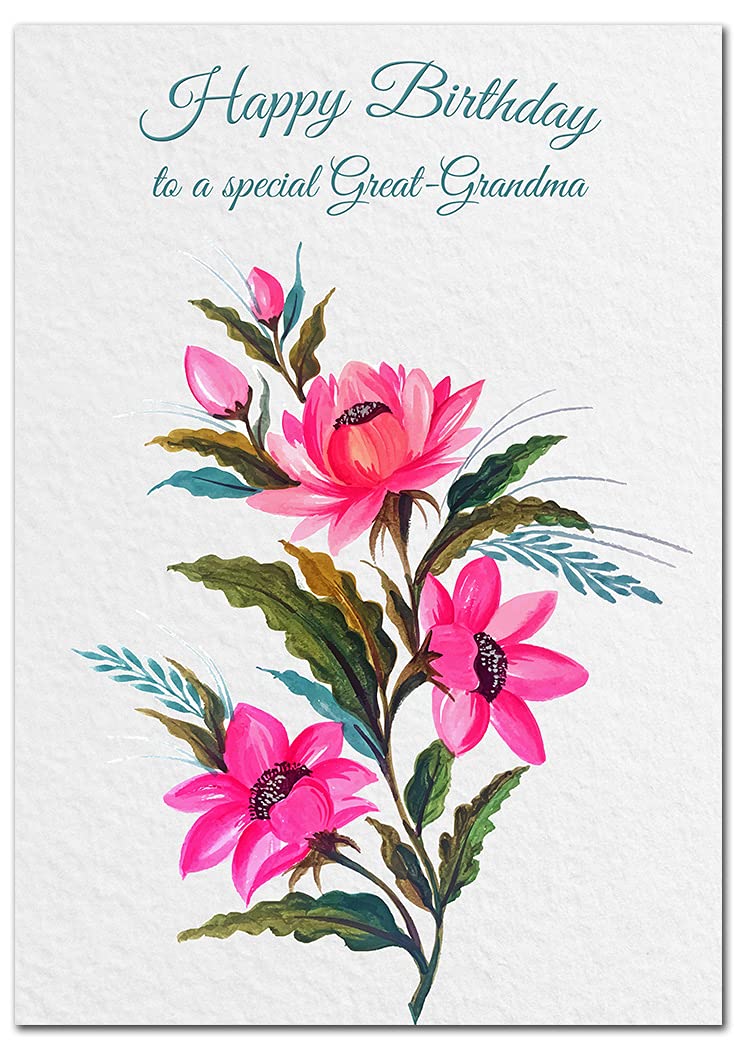 Extra Large Great-Grandma Birthday Card - XL Big thick A4 size - Special Beautiful Greeting for Women Her Female - Pretty Pink Flower Watercolour Art - Nice Huge Happy Wishes - UK Eco-Friendly