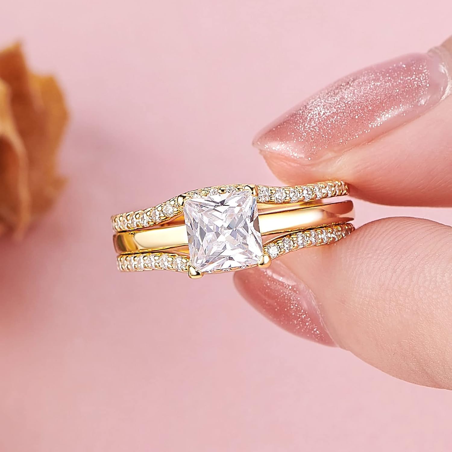 SHELOVES Solitaire Princess CZ Engagement Rings Set for Women Wedding Rings Enhancers band 925 Sterling Silver 4-13 - Image 7