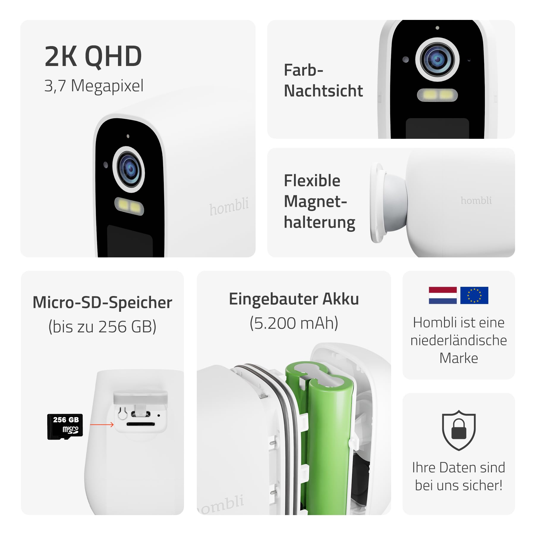 Hombli Battery Cam, Überwachungskamera mit Akku 2K, QHD, Nachtsicht, Weiß