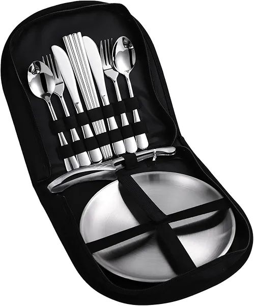 KERMANDO Stainless Steel Outdoor Camping Mess Kits - Includes Forks, Spoons, Knives, Chopsticks, Food Clip, Plates - Portable Cutlery Bag