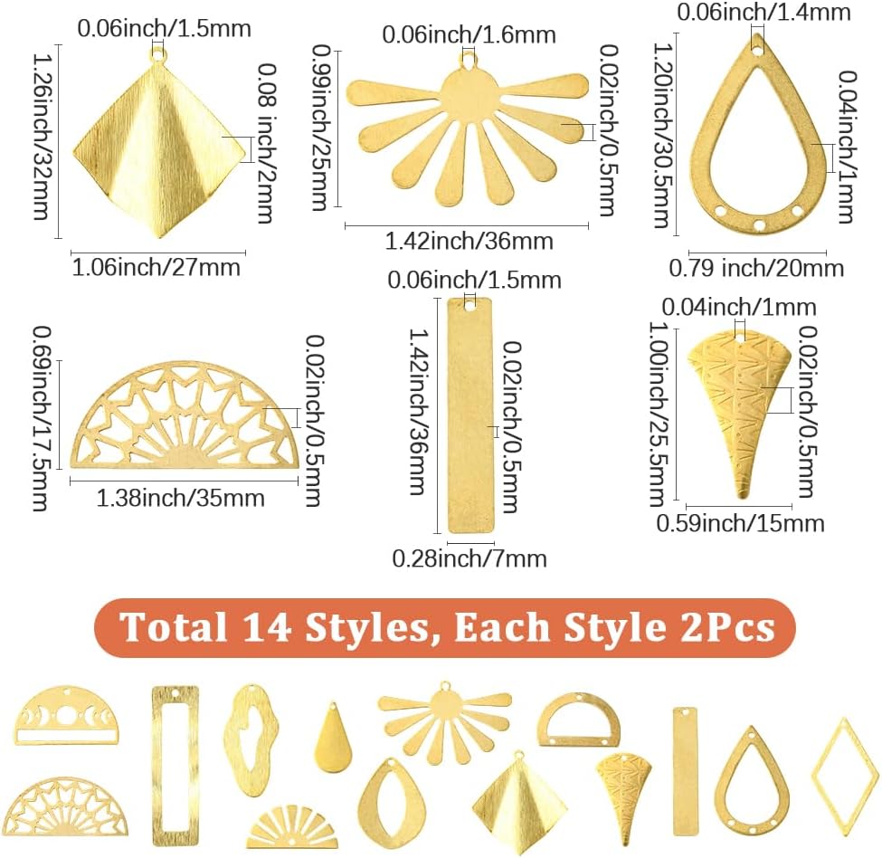 SUNNYCLUE 1 Box 28Pcs 14 Styles Brass Filigree Charms Sacred Geometry Charm Bulk Gold Metal Hollow Sun Teardrop Half Round Links Connectors Pendants for Jewelry Making Earrings DIY Craft Supplies - Image 2