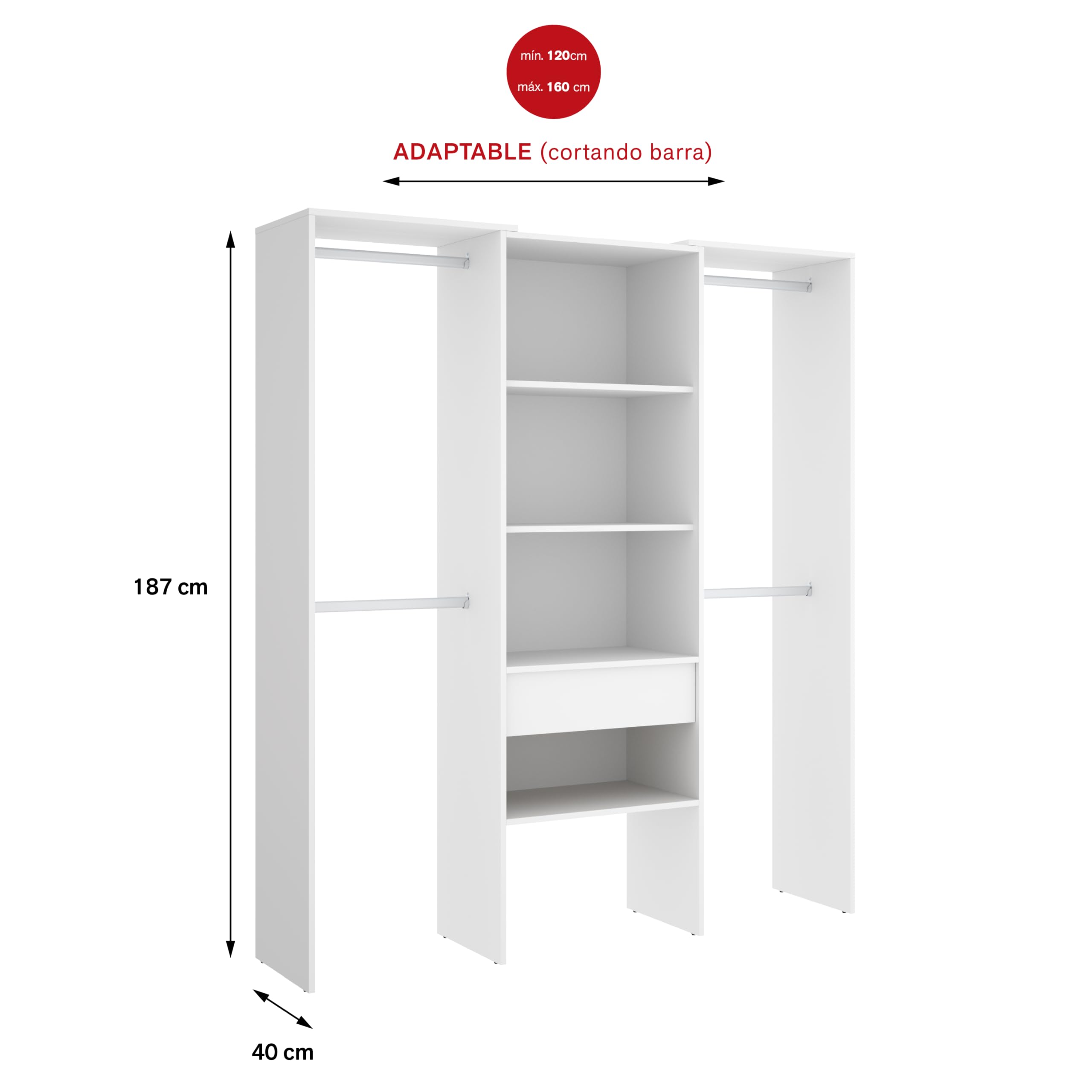 DEKIT GRUPO RIMOBEL SUIT - Vestidor de 1 columna con barras en los laterales - BLANCO - 187 x 160 x 50