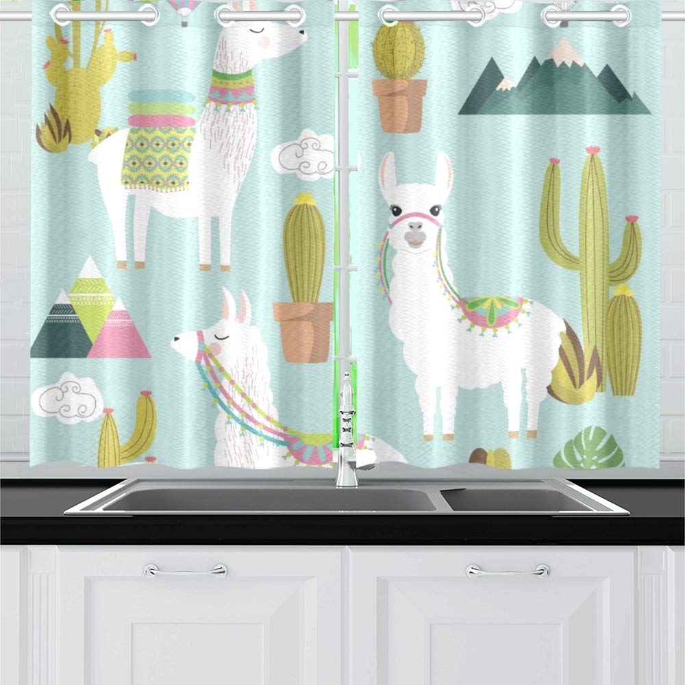 Set Cute Alpaca Cactus Elements Kitchen Curtains Window Curtain Tiers for Café, Bath, Laundry, Living Room Bedroom 26 X 39 Inch 2 Pieces