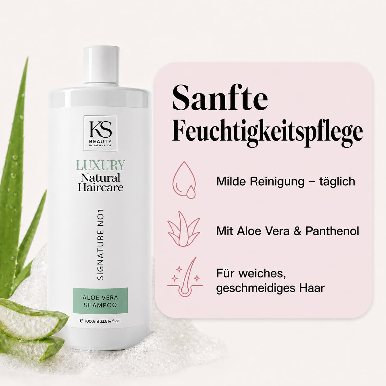 KS Beauty Aloe Vera Shampoo, 1000 ml, Haarshampoo mit Pumpspender | Mildes Reinigungsshampoo für trockene, empfindliche Kopfhaut mit Panthenol – weiches, geschmeidiges Haar täglich