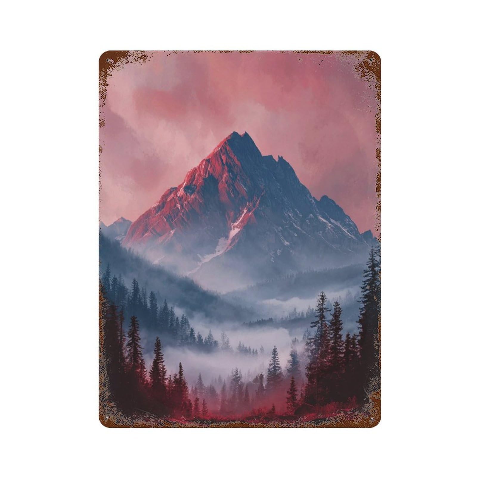 Weathered Tin Sign Red Mountain Misty Forest 15.7"x11.8", Rustic Home Decor for Basement, Hobby Room And Garage Decor