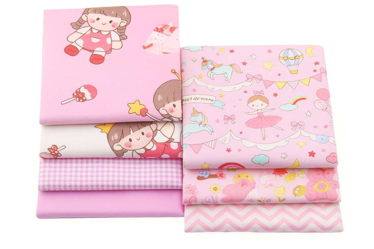 CraftsFabrics 7pcs Pink Princess Cotton Fat Quarter Checkered Stripped 50x40cm Wide Sewing Baby Cloth Infant Linens Kids Bedding Cushion Patchwork Fabric