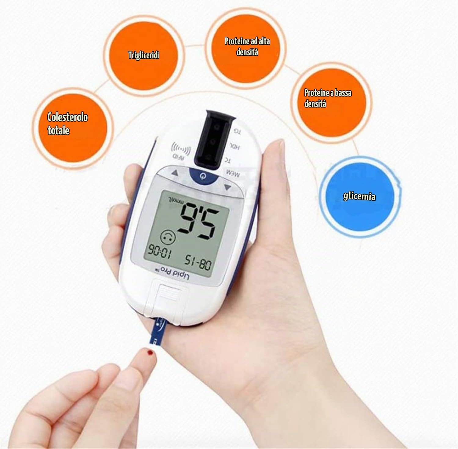 BLUEZY Misuratore di Glucosio nel Sangue 5-in-1 Kit di Test del Colesterolo Analizzatore di Analisi del Sangue Monitor di Emoglobina, misuratore colesterolo e trigliceridi