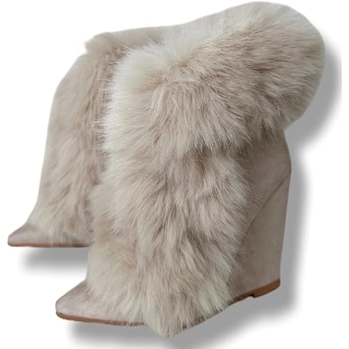 Frankie Hsu Ladies Sexy Wedge Ankle High Heeled Bootie, Luxury Beige Fur Plush Fuzzy Winter Boot, Big Large Size US5-14 Shoes For Women Men