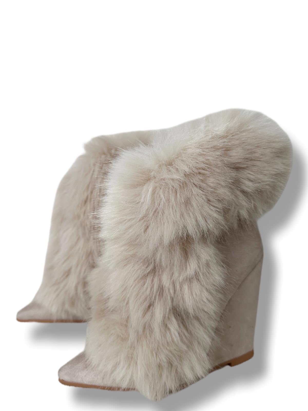 Frankie Hsu Ladies Sexy Wedge Ankle High Heeled Bootie Luxury Beige Fur Plush Fuzzy Winter Boot Big Large