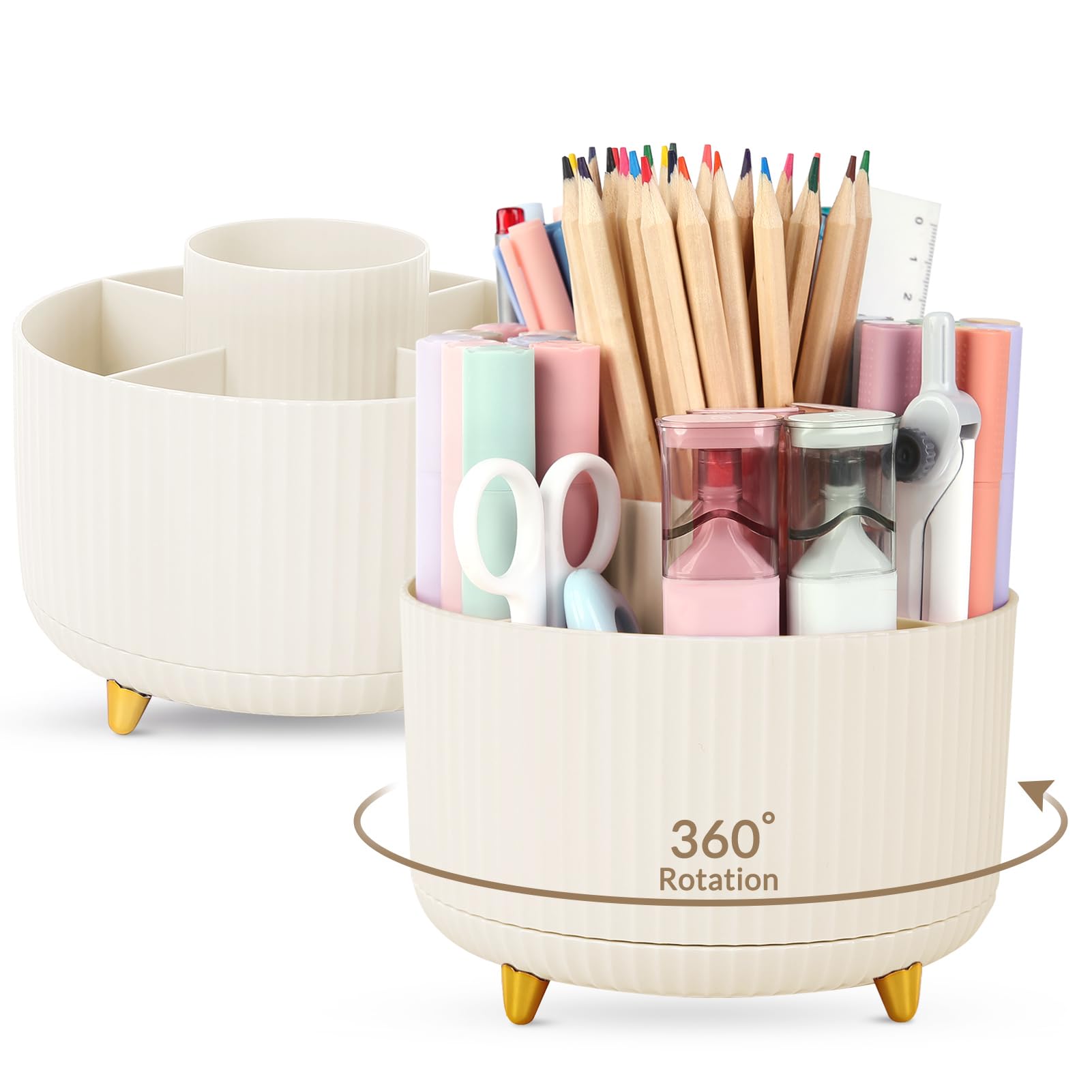 SKYDUE 2 Pack Pen Holder, 360 Degree Rotating Pencil Holder for Desk Organizer, Rotating Desktop Pen Organizer with 5 Slots, Office Supplies, Pencil Cup for Office, School, Home
