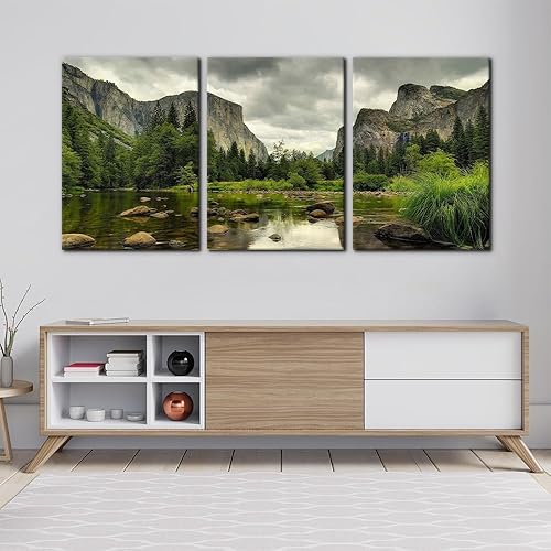 Vista 90 de 3 piezas de pintura verde para pared, parque nacional de Yosemite, agua clara, lago, montañas, árboles, rocas, impresiones sobre lienzo, decoración