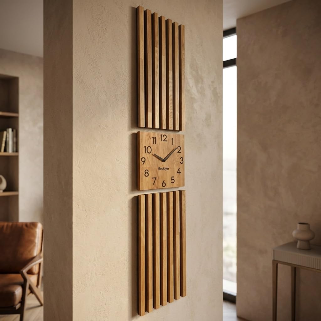FLEXISTYLE Orologio da parete grande, moderno in legno di quercia, 155 x 30 cm, senza ticchettio, moderno, legno di quercia, nero, MDF, effett, soggiorno (quercia)