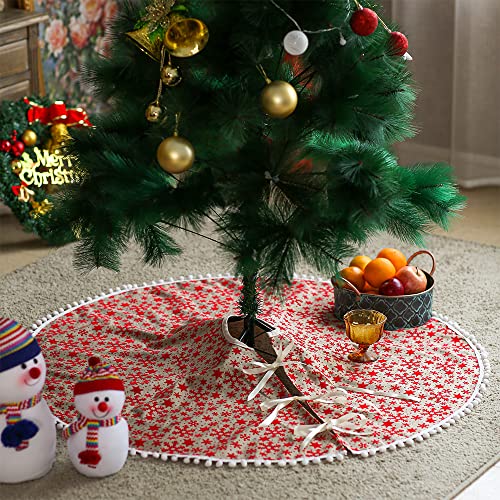 Sutavia Christmas Tree Skirt With Pompom Tassel Flocking Snowflack Red Fabric Satin Resistant Spillproof For Home Holiday Party New Year Autumn Winter (Christmas Red, Tree Skirt 45 Inch Round) #TOP5