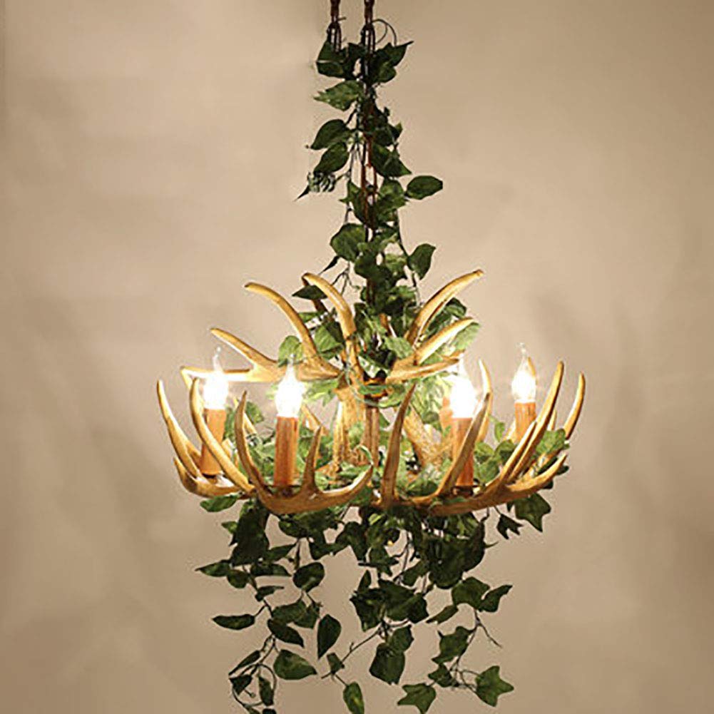 Creatività Personalità Stile Industriale Retro Durante L'Illuminazione,Sala Da Pranzo Decorazione Music Bar Soggiorno Camera,E14 Pianta Antler Resina Lampadario Illuminazione-Pianta verde 6 testa
