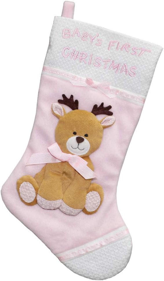 New Traditions Pink Baby's First Christmas Stocking - 16 inch Holiday Stocking with Festive 3D Plush Reindeer